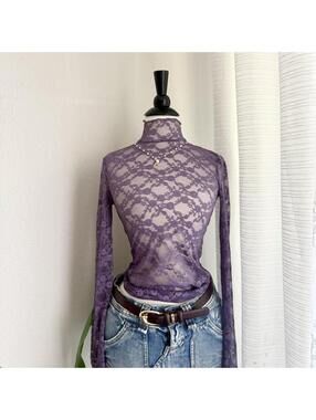 Y2K Urban Outfitters Sheer Lavender Lace Mock Neck Top